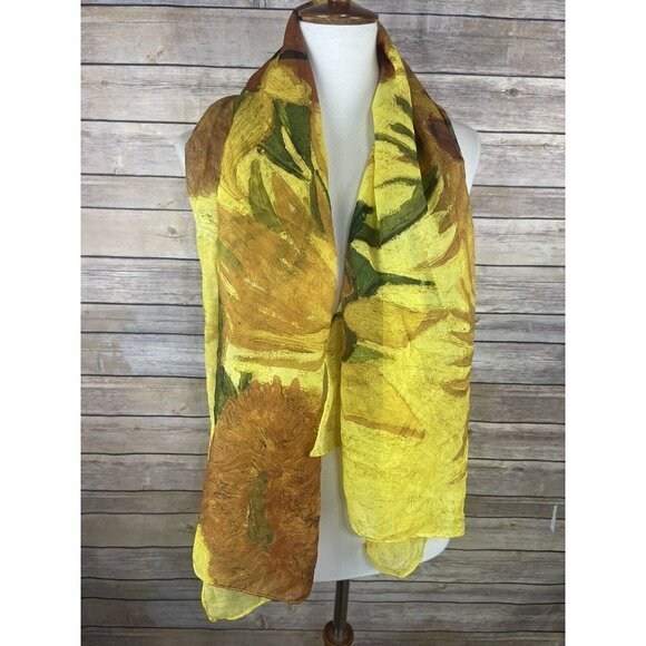 Van Gogh Museum Scarf RARE Sunflowers Yellow Green Boho Lightweight Rectangle - Picture 1 of 10